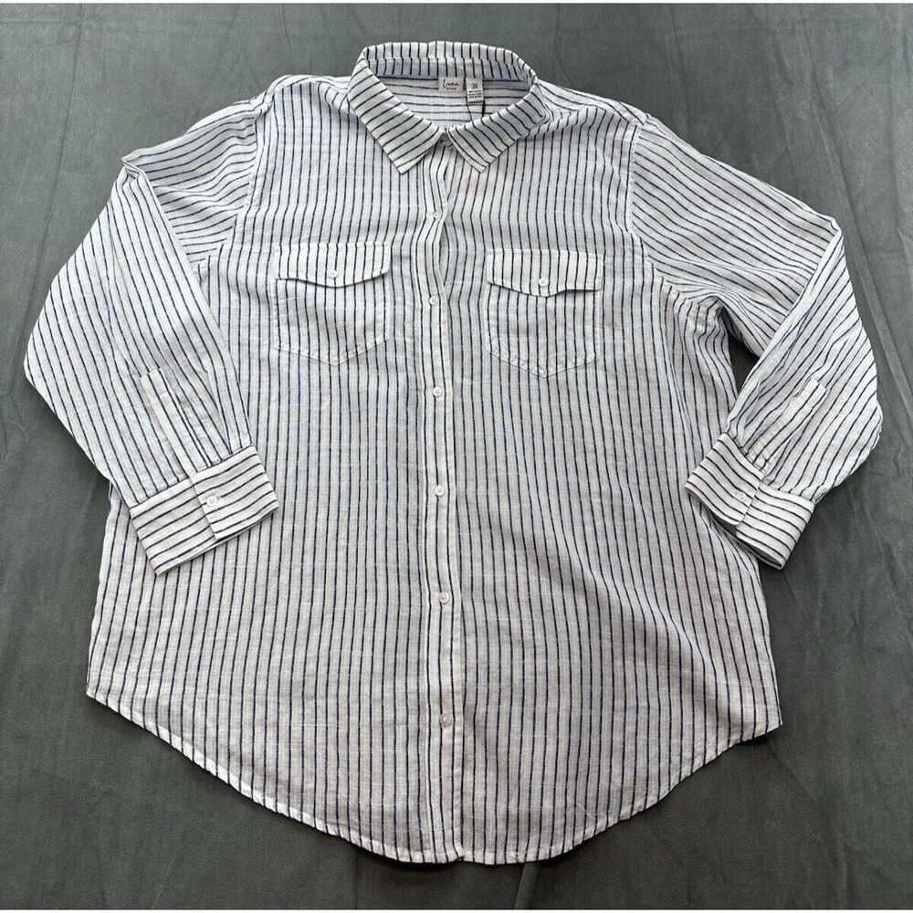 Luna Skies Button Up Shirt Linen Sheer White Blue Stripes Women's 3X NEW